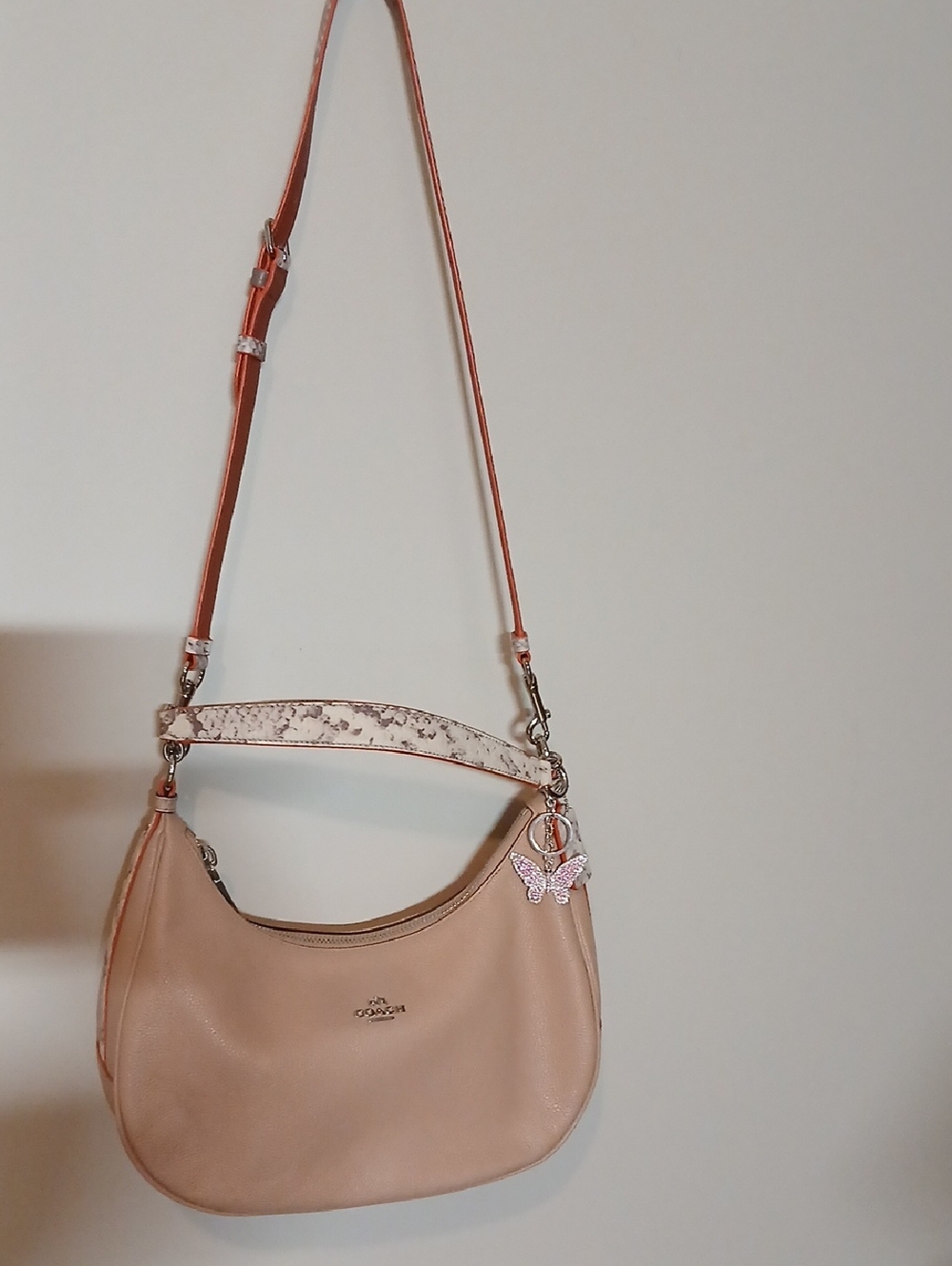 Coach Shoulder Hobo Bag in Blush Pink with White Snake-Print Strap